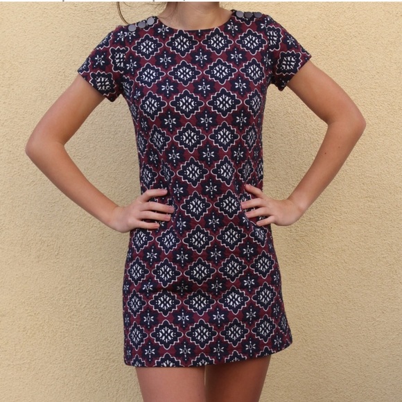 LOFT Jacquard Shift Dress. Navy - Burgundy Textured Fabric. EUC - Picture 3 of 10